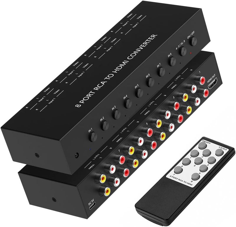 OseTub 8 Port RCA to HDMI Converter, Dual AV to HDMI Converter Supports 16:9/4:3 Composite to HD MI Adapter Support 1080P PAL/NTSC Compatible with Sega/Xbox/PS1/PS2/PS3/WII/N64/VHS, VCRs, and DVD Players - Image 1